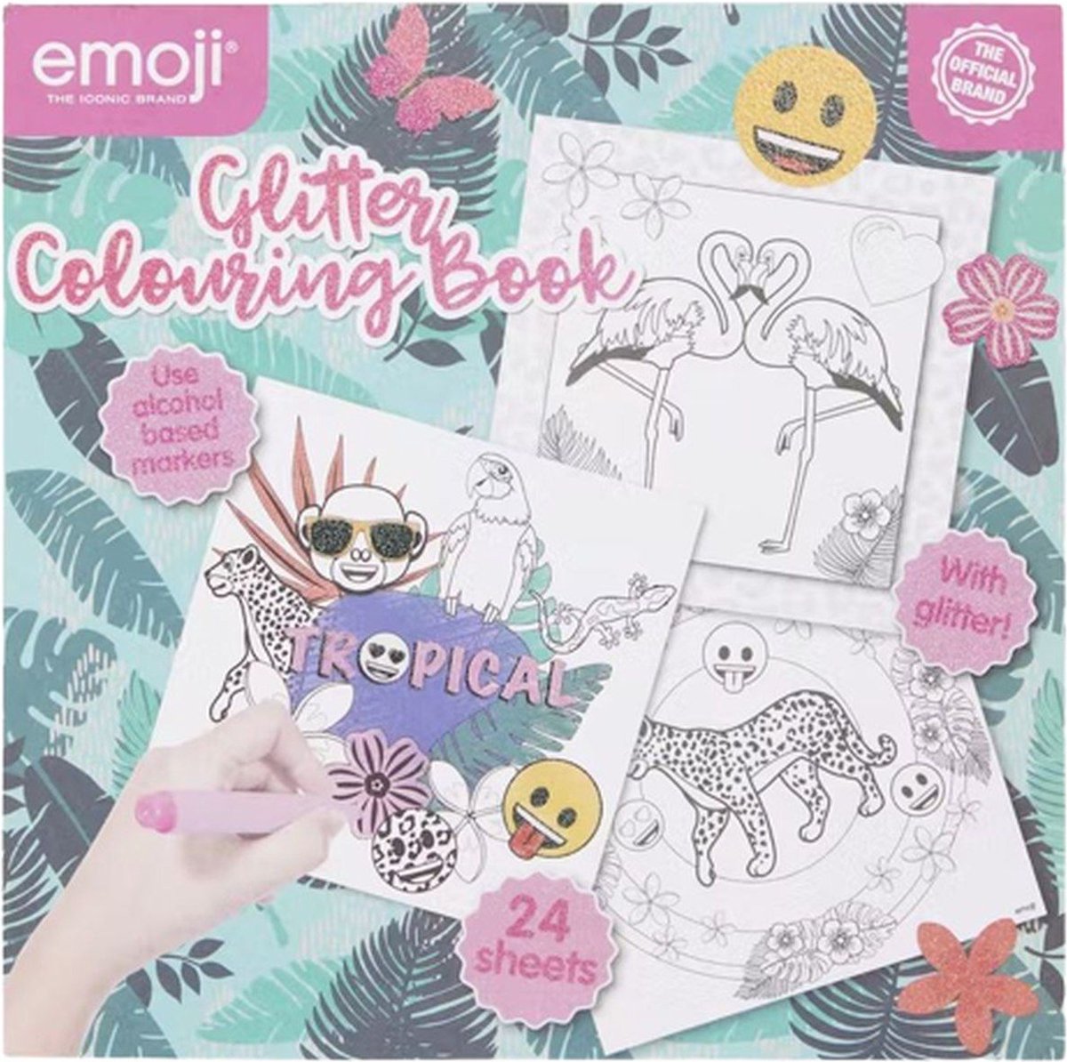 Emoji Dieren Kleurboek met Glitters – 24 Pagina's – Geschikt voor Volwassenen en Geschikt voor Kinderen - Gebruik Alcoholmarkers voor de Mooiste Resultaten - Tropisch Thema – Creatief Kleuren voor Meisjes en Jongens