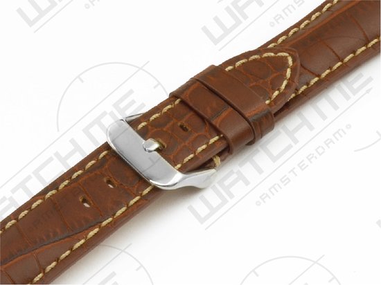 Horlogeband leer alligator print - Carolina bruin met witte stiksels 22 mm