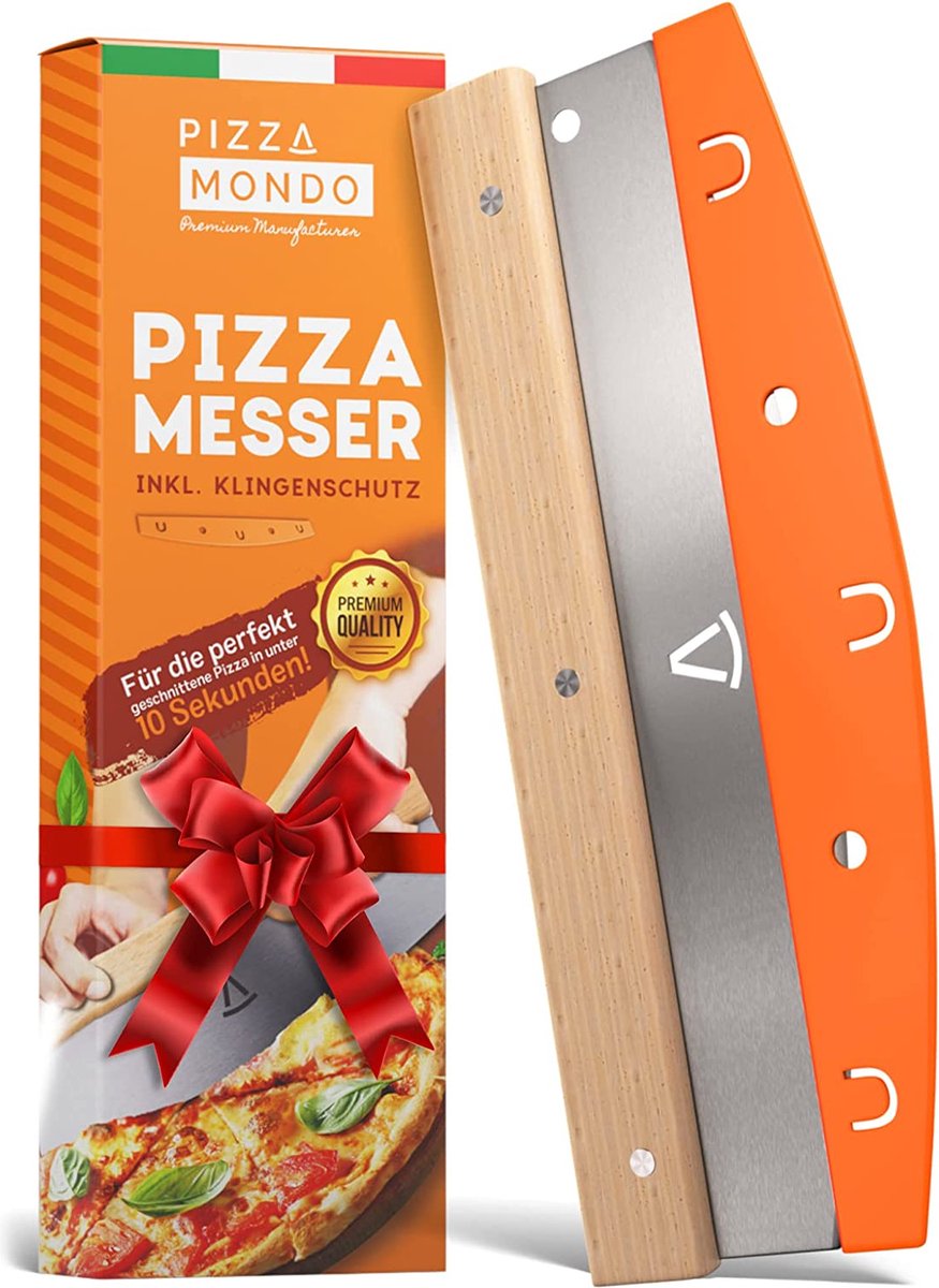 Pizza Mondo® Pizzasnijder, professionele pizzames (pizzasnijder) effectiever dan pizzaroller, premium pizzasnijder van roestvrij staal, 32 cm, met houten handvat, snel en gelijkmatig snijden