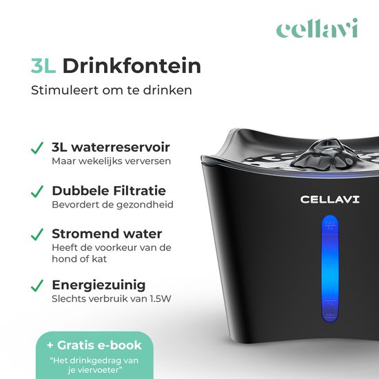 Cellavi XL Drinkfontein Kat en Hond - Incl. 3 in 1 Waterfilter en E-book – Kattenfontein 3L – Waterdispenser – Waterfontein Kat – Super Stil – Zwart