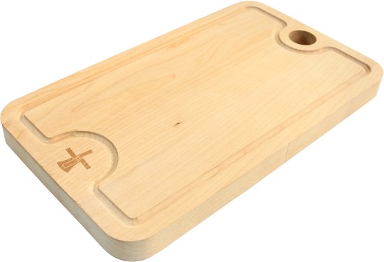Houten snijplank met een molen-logo aan de linker onderhoek en een handige uitsparing voor ophangen.