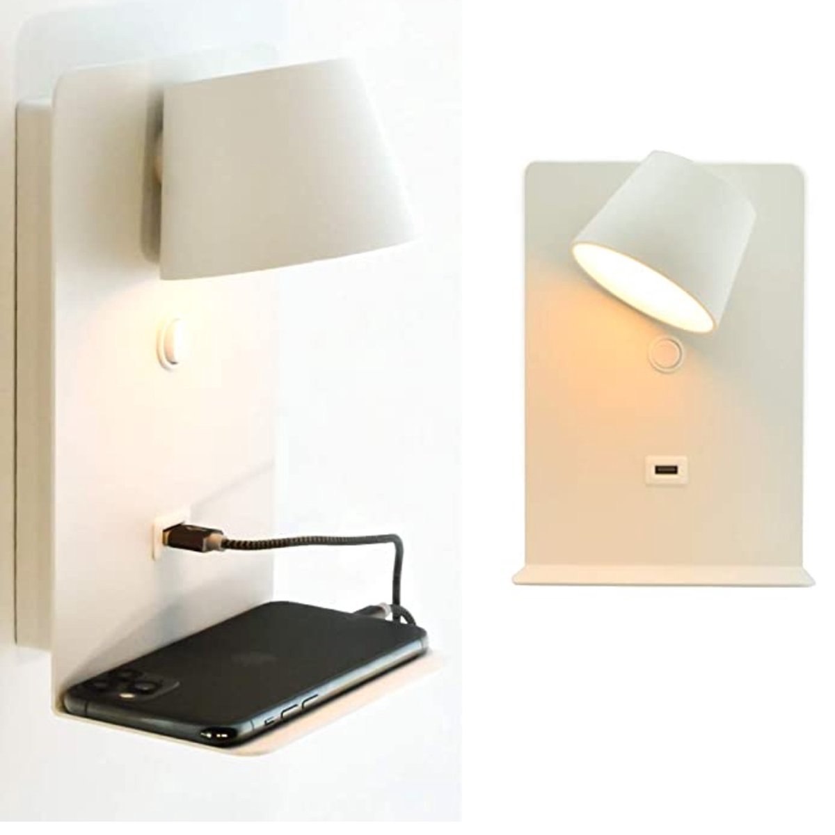 Flightmode- BarcelonaLED-wandlamp, aluminium, wit, met USB-laadstation, draaibaar, 6 W, warmwit, 2700 K en schakelaar voor slaapkamer, hoofdeinde, leeskamer, woonkamer