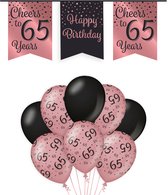 65 Jaar Verjaardag Decoratie Versiering - Feest Versiering - Vlaggenlijn - Ballonnen - Man & Vrouw - Rosé en Zwart