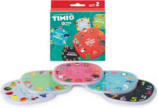 TIMIO Disk Set # 2: 5 Audio-Discs voor de TIMIO Player | Leer Getallen, 96 Kinderliedjes Vol. 2, Zeedieren, Vormen, Fruit | Alles in 8 Talen | Leerspeelgoed van 2 - 6 Jaar