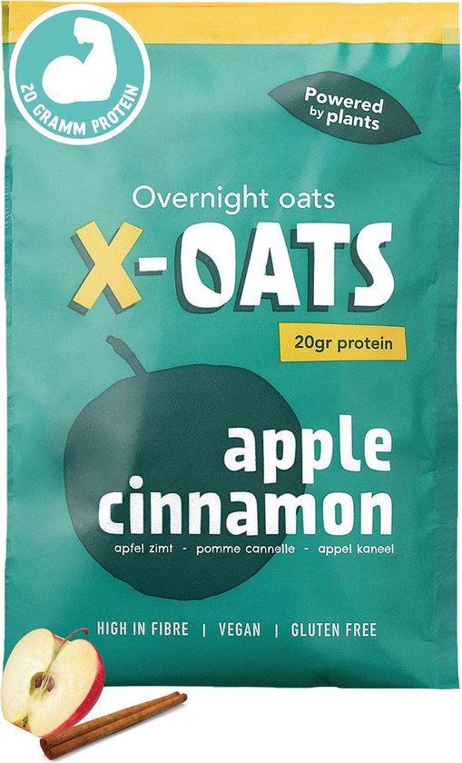 X-OATS - OVERNIGHT OATS - 16x70gr shake de flocons d'avoine - sain, végétalien, faible en sucre, sans gluten, 20g de protéines par portion - délicieux petit-déjeuner/repas, rapide et facile à préparer, 1 saveur - pack de 16 [16x pomme/cannelle]