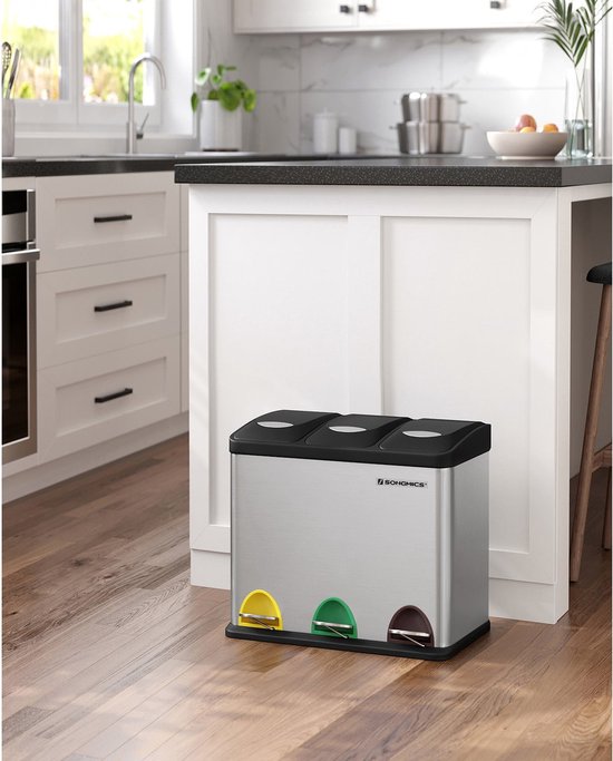 Prullenbak - poubelle à pédale en métal - 3 en 1 - 24 litres - tri des déchets - argent