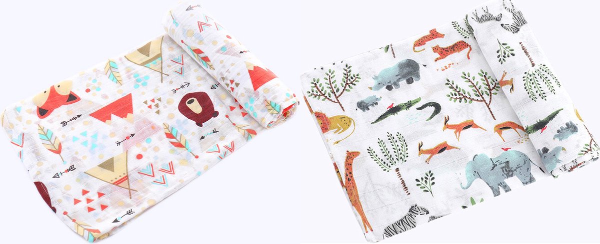 Goedkoopste 2 Stuks - Hydrofiele doek XL - 120x120 cm - Inbakerdoek - Tipi Tent Beer - Safari Dieren - Swaddle doek groot - Hydrofiele luier