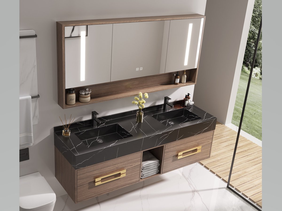 Haviklux Badkamermeubel - 2 persoons - 150 cm - Donker hout decor - Complete badmeubel set incl. kranen