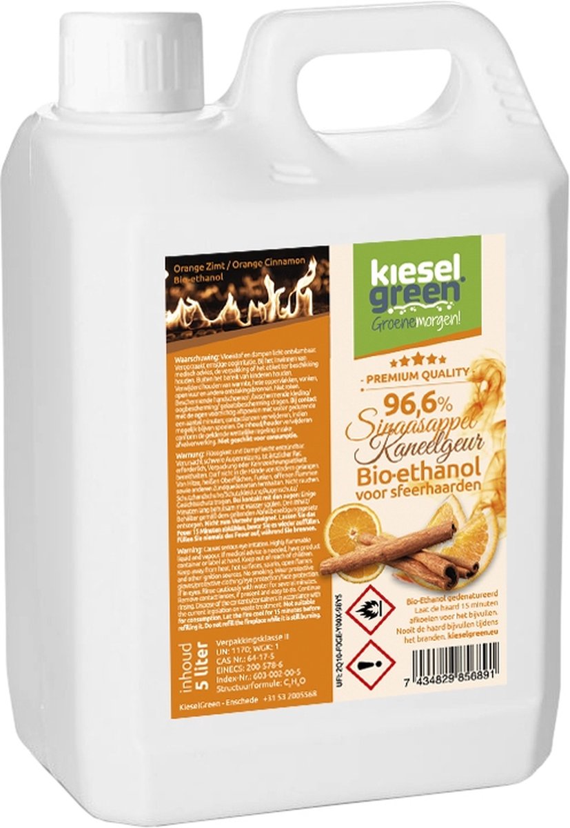 KieselGreen 5 Liter Bio-Ethanol met Sinaasappel/Kaneel Aroma - Bioethanol 96.6%, Veilig voor Sfeerhaarden en Tafelhaarden, Milieuvriendelijk - Premium Kwaliteit Ethanol voor Binnen en Buiten