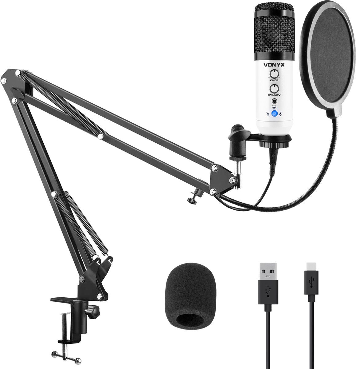USB microfoon voor pc - Studio microfoon met standaard - Vonyx CMS320 Condensator - Ruisfilter- Wit