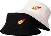 Reversible bucket hat - mybuckethat - raketje - zwart/wit - vissershoedje pet - katoenen cap - geborduurd