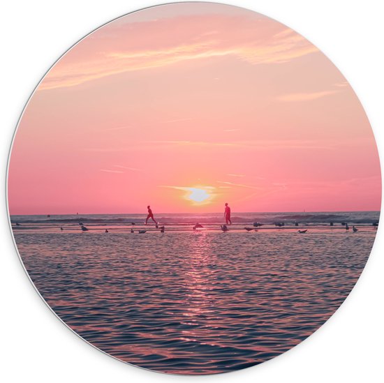 PVC Schuimplaat Muurcirkel - Roze Zonsondergang aan Zee met Meeuwen - 70x70 cm Foto op Muurcirkel (met ophangsysteem)