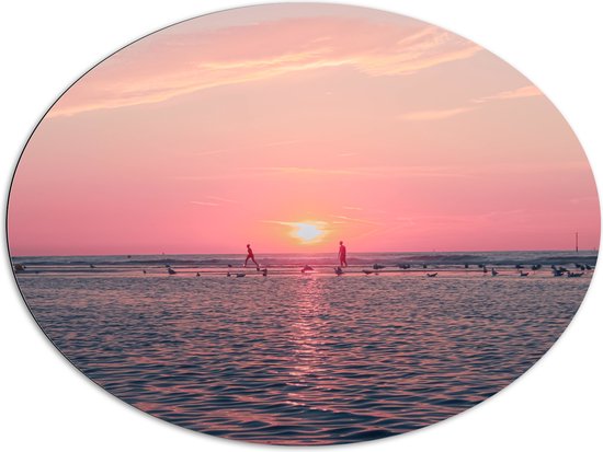 Dibond Ovaal - Roze Zonsondergang aan Zee met Meeuwen - 108x81 cm Foto op Ovaal (Met Ophangsysteem)