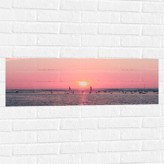Muursticker - Roze Zonsondergang aan Zee met Meeuwen - 90x30 cm Foto op Muursticker