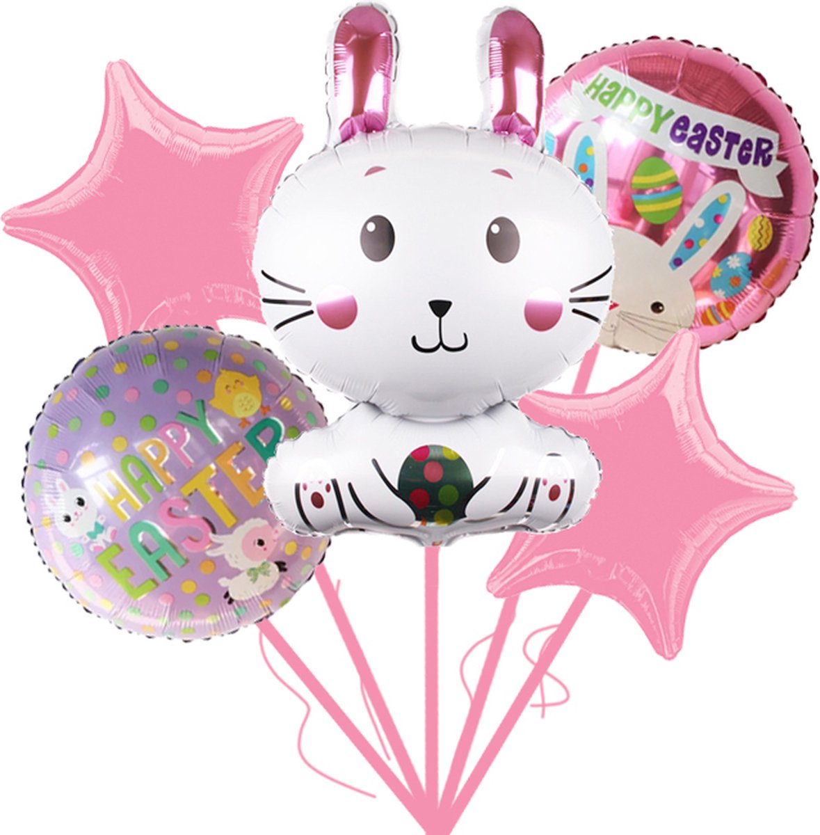 Loha-party®Paasdecoratie Ballon-vrolijk pasen-Feestartikelen-Gekleurde eieren-Konijntje met gekleurde eieren-Kuikentje Folie Ballon-Schaarp Folie Ballon-Easter-Lente -Happy Easter-Konijn-Roze Folie Ster-Feestpakket-Versiering-Decoratie