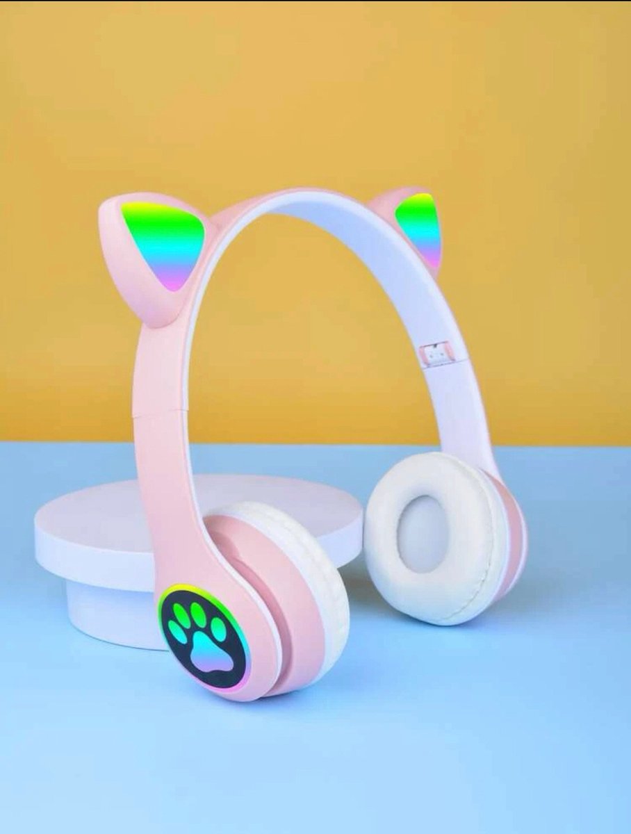 Kinder hoofdtelefoon - cat headphones| Draadloze koptelefoon Bluetooth met led kattenoortjes roze | Koptelefoon voor Kinderen - Met Led Kat Oortjes | met verlichting poot