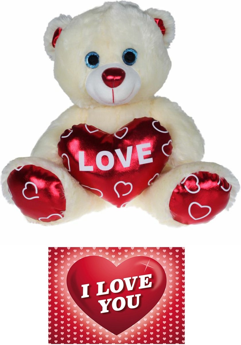 Kruger Pluche knuffelbeer - 60 cm - wit/rood - Valentijn Love hartje - hartjes wenskaart