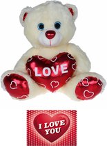 Pluche knuffelbeer 70 cm met wit/rood Valentijn Love hartje incl. hartjes wenskaart