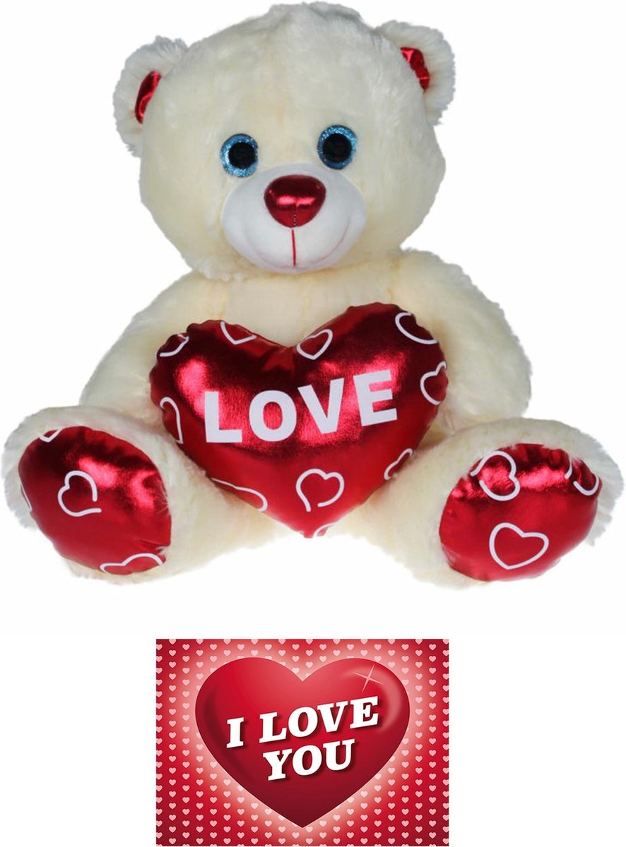 Kruger Pluche knuffelbeer - 70 cm - wit/rood - Valentijn Love hartje - hartjes wenskaart - liefde