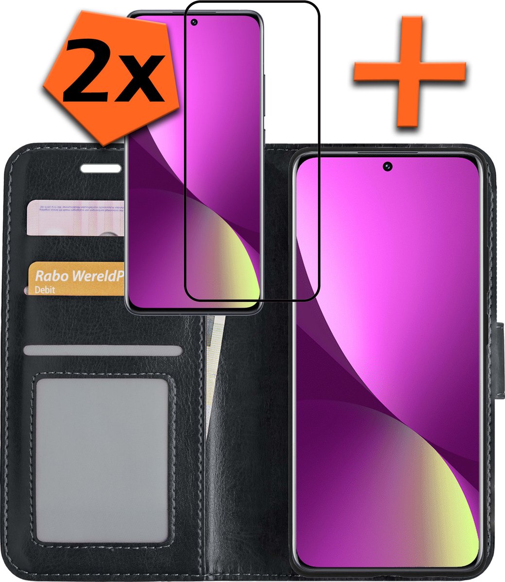 Hoes - Met 2x Screenprotector - Geschikt voor Xiaomi 12 - Luxe Pasjeshouder - Bookcase Portemonee - Flip Case - Kunstleer Book Case - Flipcase Hoes - Book Cover - Walletcase - PortemonneeHoes - Zwart