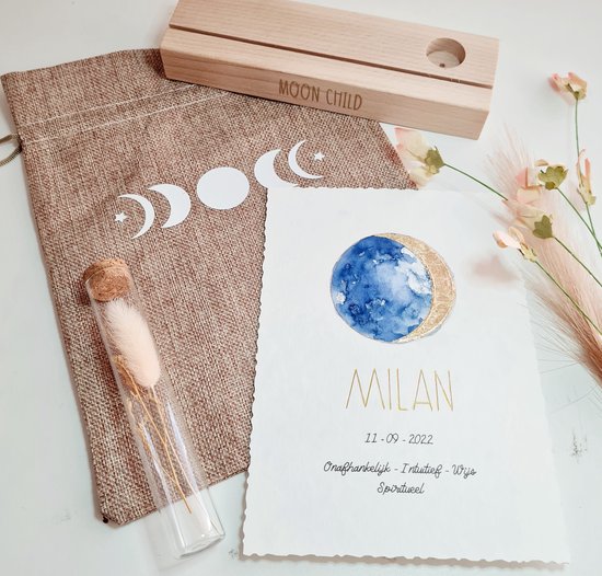 Baby geboorte poster maan - Moonchild baby geboorte kaart handgeschilderd - geboorte geschenk - maanstand aquarel - MammaZenn van MammaZenn — afbeelding 5