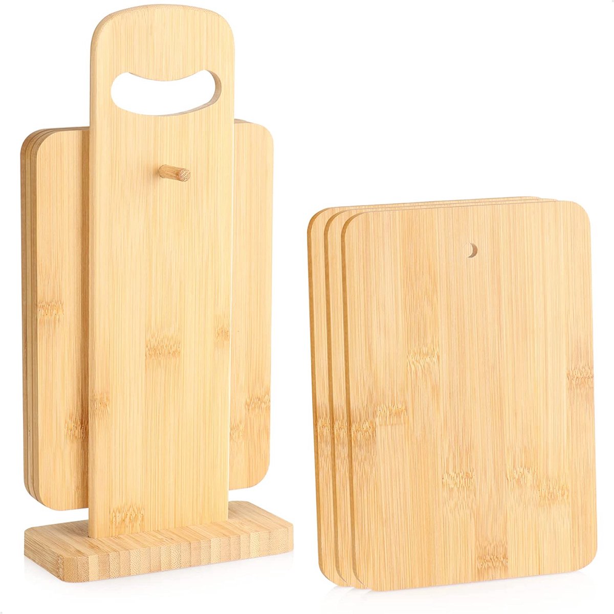 com-four® 7-delige bamboe snijplankenset - ontbijtplanken met plankhouder - kleine duurzame serveerschalen - broodplanken met praktische standaard (7-delig - bamboe)
