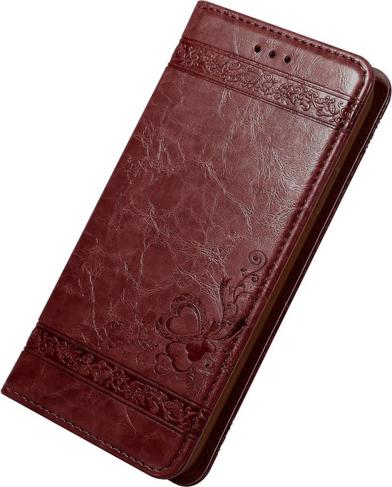 Étui Cadorabo pour Apple iPhone 13 PRO en rouge foncé avec ornements - Étui de protection avec fermeture magnétique, fonction support et poche pour cartes Case Cover Etui