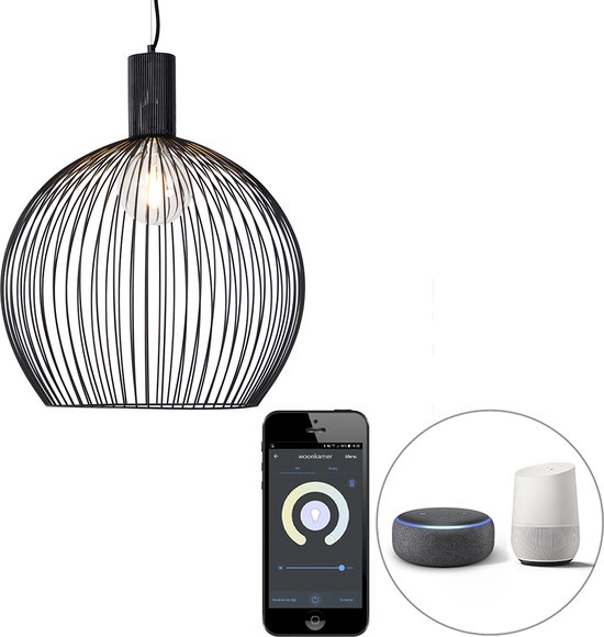 QAZQA wire - Moderne LED Smart Grote hanglamp incl. wifi - 1 lichts - Ø 50 cm - Zwart - Woonkamer | Slaapkamer | Keuken