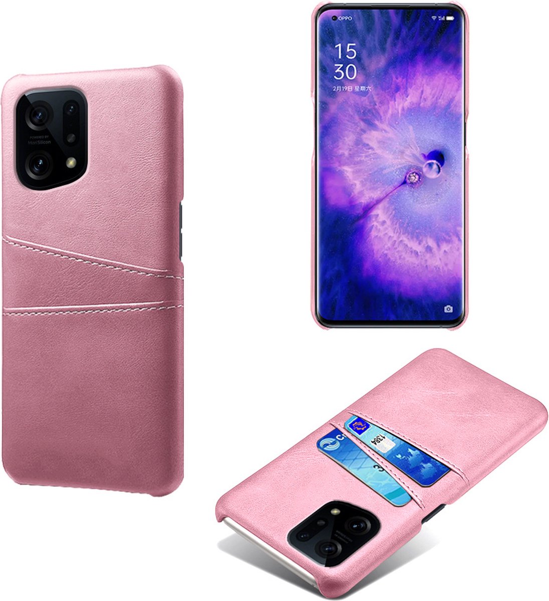 Back Cover met Opbergvakjes + PMMA Screenprotector voor OPPO Find X5 Pro _ Roze Goud