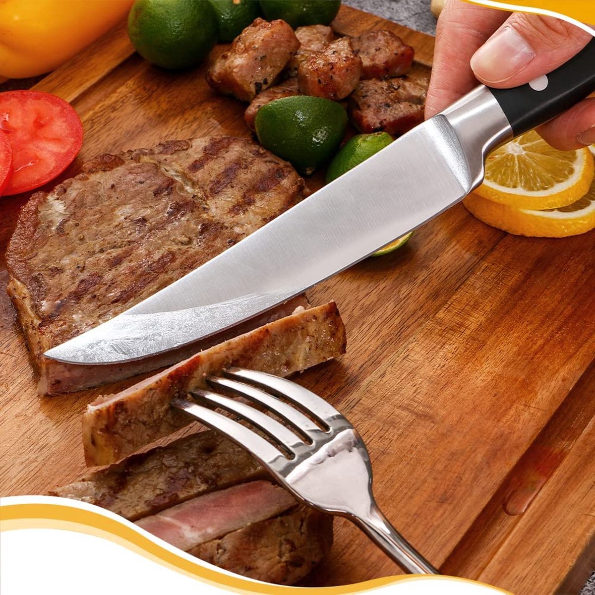 Steakmessen set 4-delig, roestvrij staal steakmessen 12,5 cm met volledige handgreep, steakmessenset met scherp lemmet
