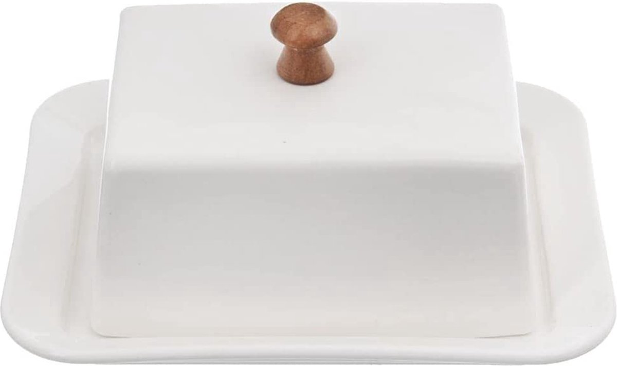ORION GROUP Porseleinen botervloot met deksel, 17 x 14 x 8,5 cm, wit porselein en bamboehout, ecologische boterhouder, perfecte tafel- en keukendecoratie