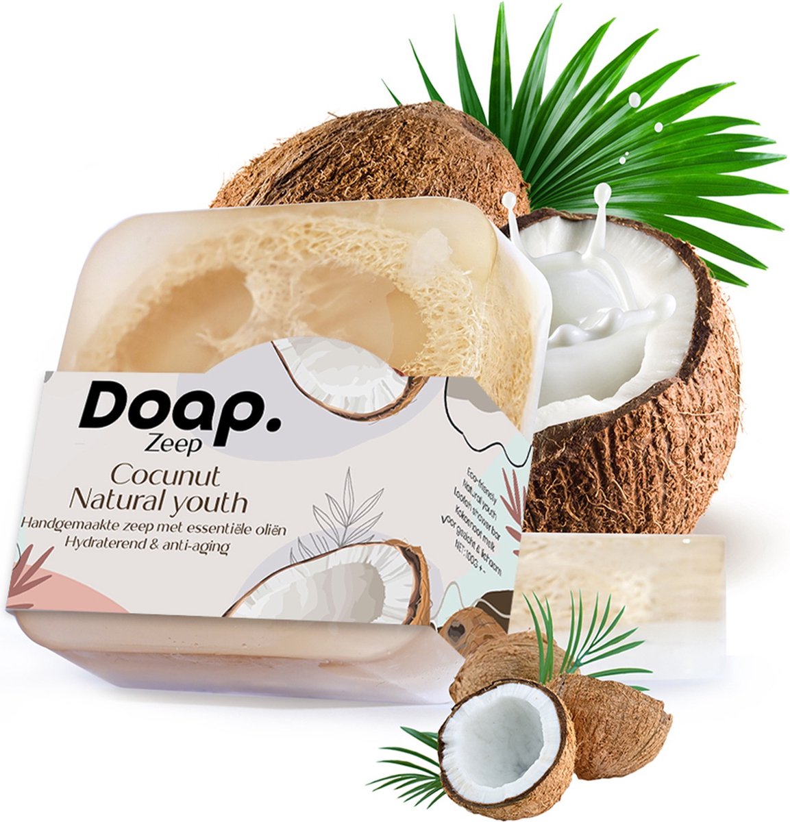 Doap Zeepblok Kokosnoot - 100g Zeep Stuk met Loofah Spons - Handgemaakte Biologische Body Bar met Luffa - Duurzaam Cadeau