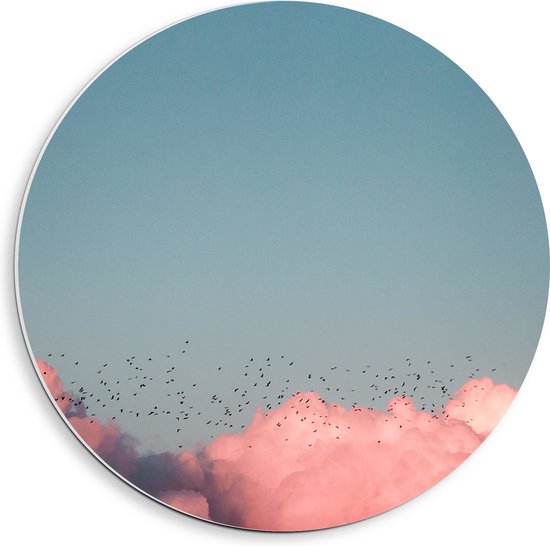 WallClassics - PVC Schuimplaat Muurcirkel - Zwerm Vogels bij Roze Wolken in Blauwe Lucht - 40x40 cm Foto op Muurcirkel (met ophangsysteem)