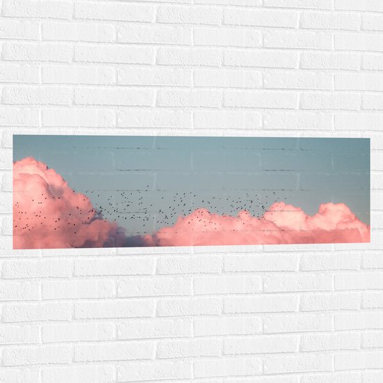 WallClassics - Muursticker - Zwerm Vogels bij Roze Wolken in Blauwe Lucht - 120x40 cm Foto op Muursticker