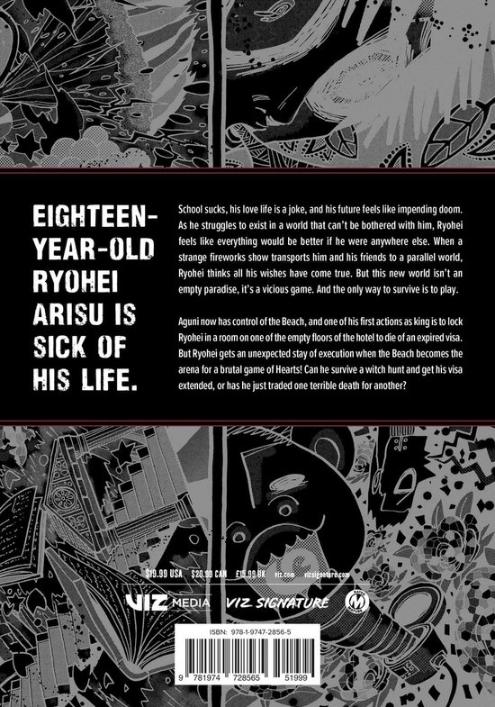 Achterkant van de manga Alice in Borderland, Volume 3, met tekst en illustraties.