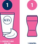 Illustratie van een Veet crème tube met crème en een roze spatel. Tekst: '1 crème tube 100 ml' en '1 spatel'.