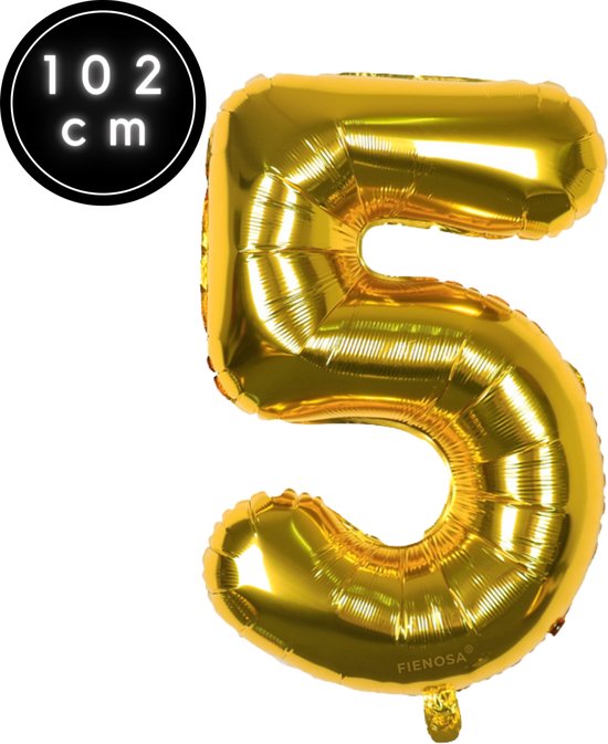 Cijfer Ballonnen - Nummer 5 - Goud Kleur - 102 cm - XXL Groot - Helium Ballon - Fienosa