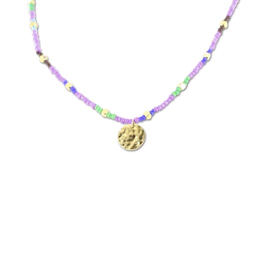 CO88 Collection 8CN- Perles Collier de Perles Miyuki 45cm - Violet et Multi Couleurs - 40+5cm - Epaisseur 2.4mm - Pendentif Diamètre 13mm - Acier - Doré