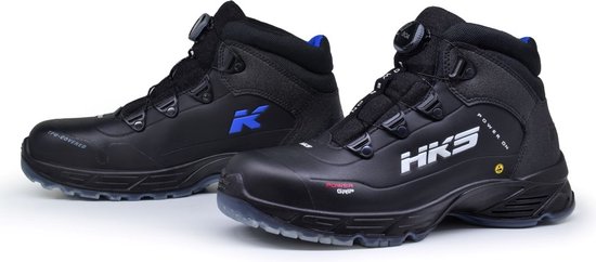 Twee zwarte HKS veiligheidsschoenen, een met HKS logo, de ander met K-logo.