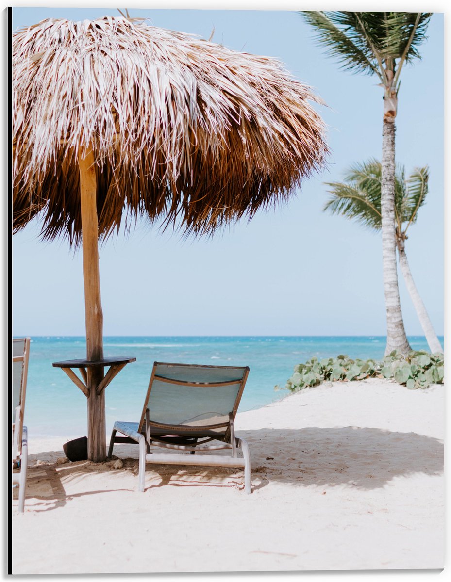 Dibond - Ligbedden onder Rieten Parasol met Palmboom - 30x40 cm Foto op Aluminium (Wanddec
