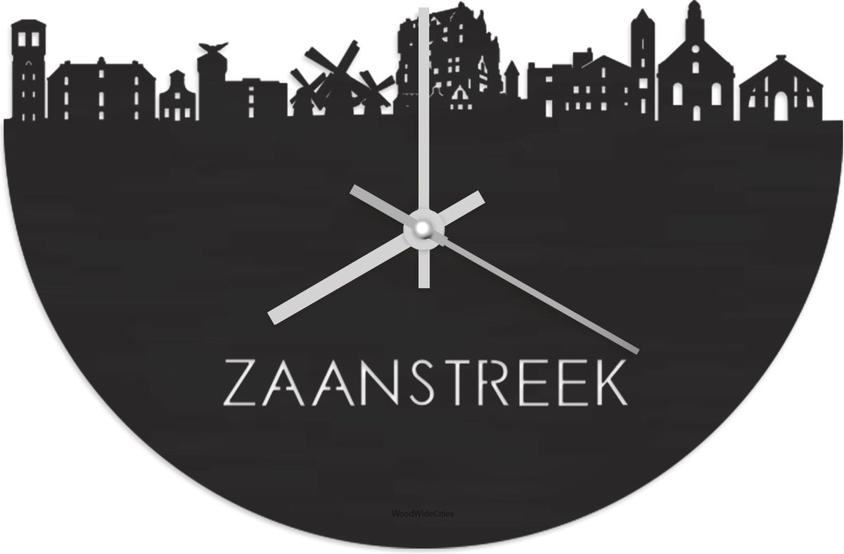 Skyline Klok Zaanstreek Zwart hout - Ø 40 cm - Stil uurwerk - Wanddecoratie - Meer steden beschikbaar - Woonkamer idee - Woondecoratie - City Art - Steden kunst - Cadeau voor hem - Cadeau voor haar - Jubileum - Trouwerij - Housewarming -