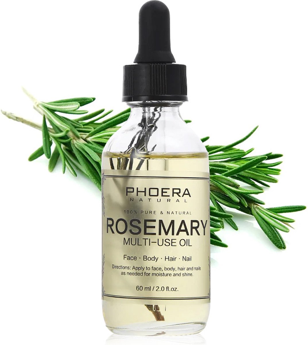 PHOERA™ Rosemary Hair Oil - Multi use Face, Body, Hair, Skin - Voor in het haar - 100% Rosemarijn Olie - 60ml pipet fles
