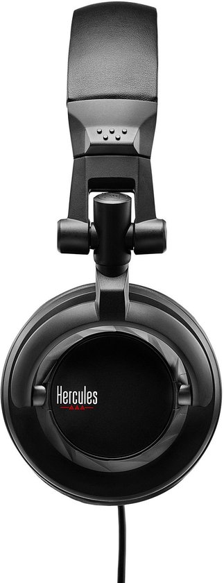 Zwarte DJ-koptelefoon met Hercules-logo op de oorschelp, weergave van de voorkant.