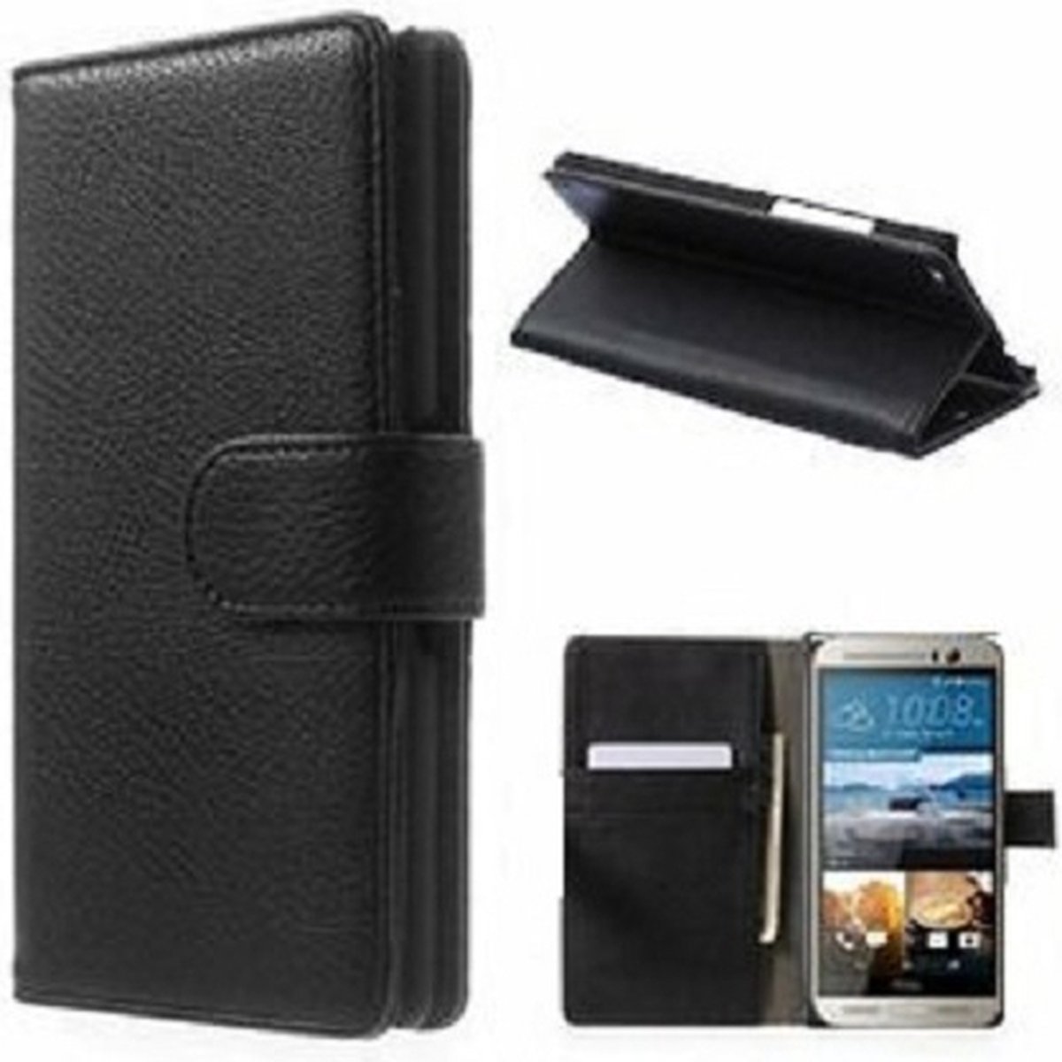 HTC One M9 PLUS Hoesje Met Pasjeshouder Bookcase Zwart