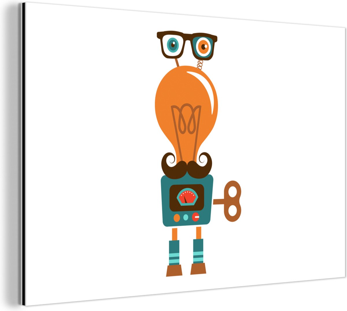 Aluminium schilderij 120x80 cm - Wanddecoratie metaal - Robot - Bril - Gloeilamp - Snor -