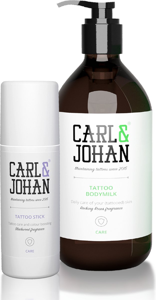 Carl & Johan Tattoo Verzorging Rocking Roses Multipakket - 300ml Bodymilk Bodylotion - 40ml Tattoo Stick Tattoo Creme- Voedende en Beschermende Color Boost