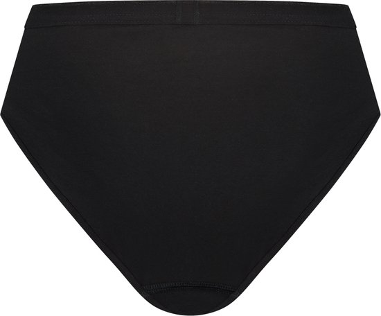 Achterkant van een zwarte slip met een hoge taille en een elastische band.