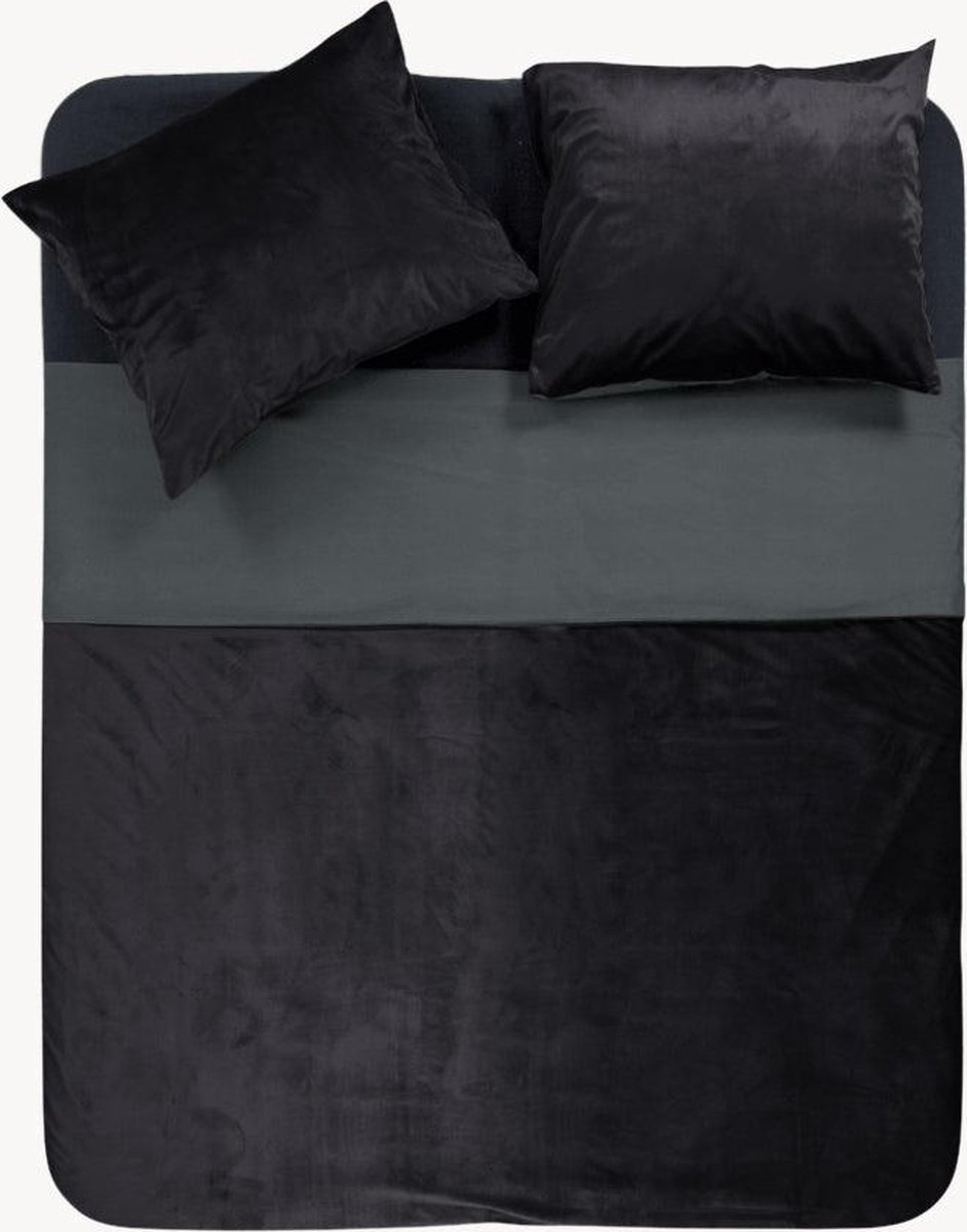 Y-NOT - Dekbedovertrek met kussensloop - Fluweel/Velvet Two Tone Zwart/Antraciet - 1 Persoons - 140x200/220 cm