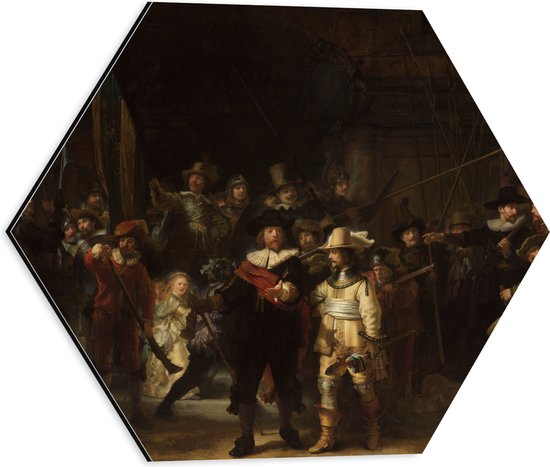 Dibond Hexagon - De Nachtwacht, Rembrandt van Rijn, 1642 - Oude Meesters - 40x34.8 cm Foto op Hexagon (Met Ophangsysteem)