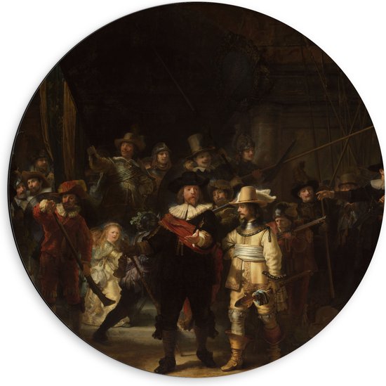 Dibond Muurcirkel - De Nachtwacht, Rembrandt van Rijn, 1642 - Oude Meesters - 60x60 cm Foto op Aluminium Muurcirkel (met ophangsysteem)